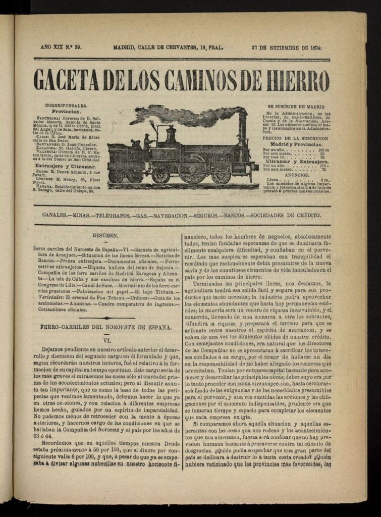 Miniatura de Gaceta de los Caminos de Hierro del 27 de septiembre de 1874, nº 39