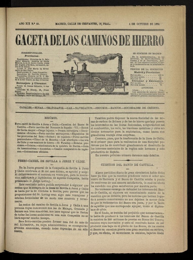Miniatura de Gaceta de los Caminos de Hierro del 4 de octubre de 1874, nº 40