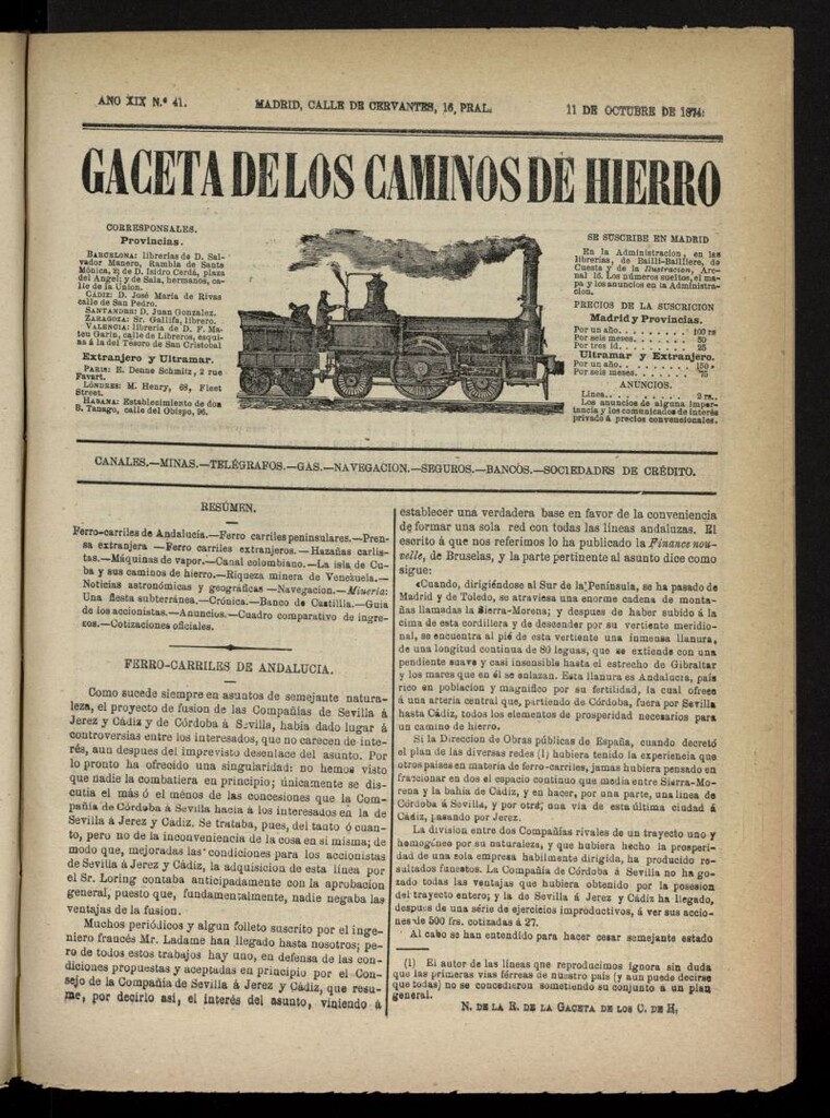 Miniatura de Gaceta de los Caminos de Hierro del 11 de octubre de 1874, nº 41