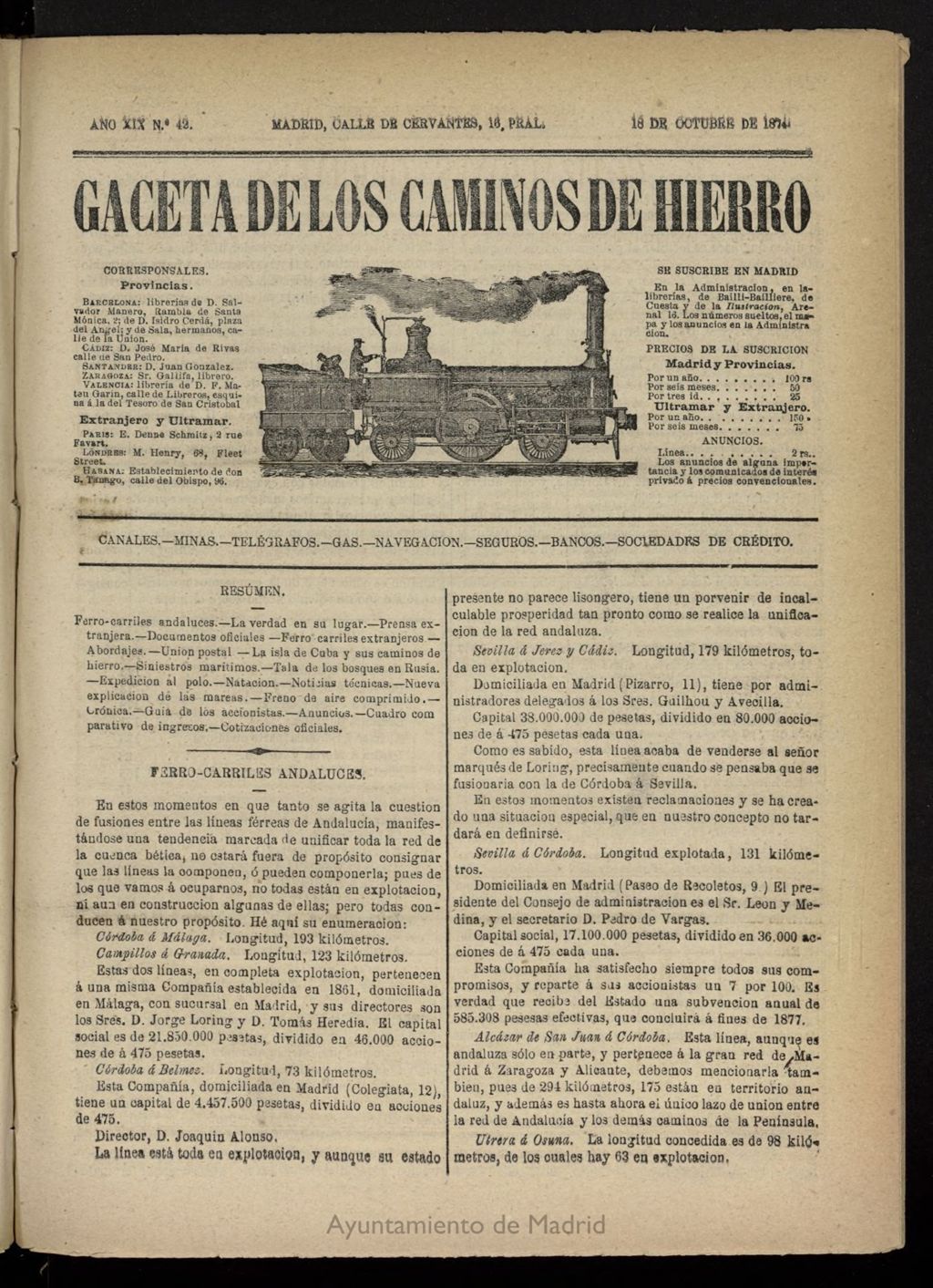 Miniatura de Gaceta de los Caminos de Hierro del 18 de octubre de 1874, nº 42