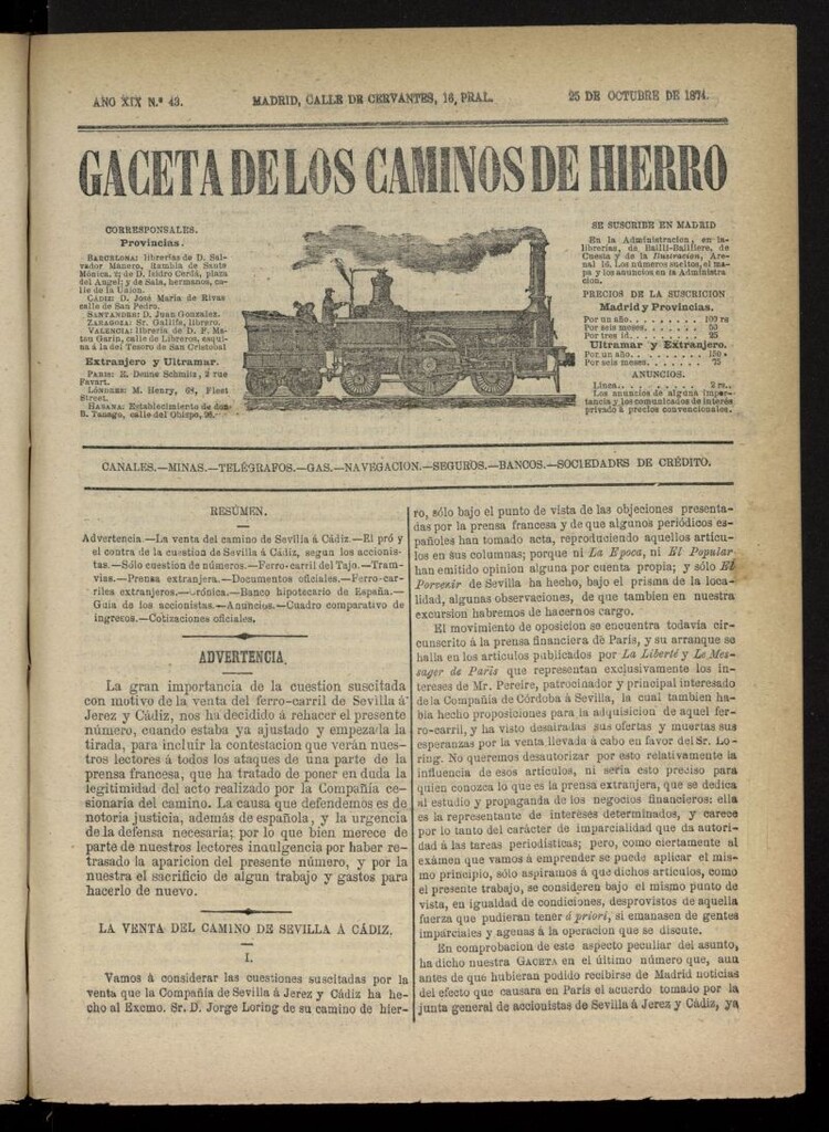 Miniatura de Gaceta de los Caminos de Hierro del 25 de octubre de 1874, nº 43