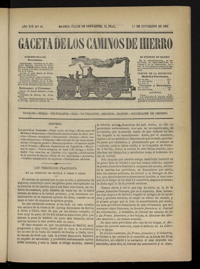 Miniatura de Gaceta de los Caminos de Hierro del 1 de noviembre de 1874, nº 44