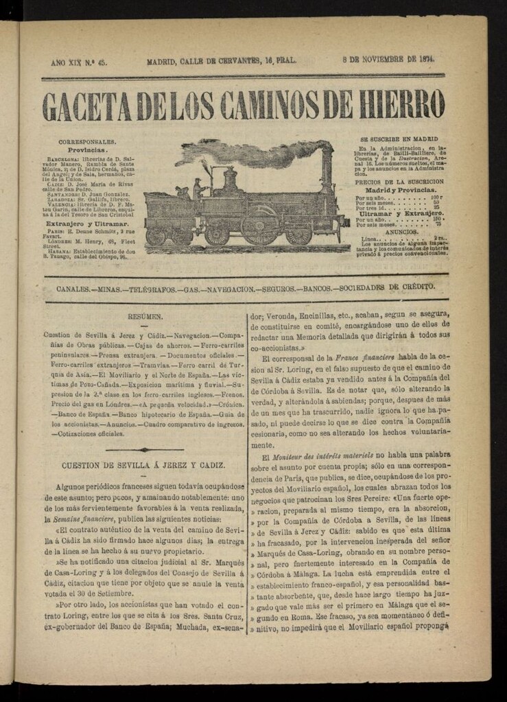 Miniatura de Gaceta de los Caminos de Hierro del 8 de noviembre de 1874, nº 45
