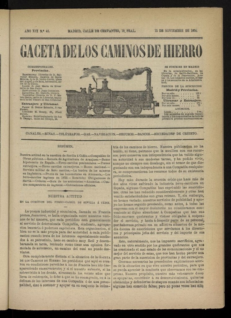 Miniatura de Gaceta de los Caminos de Hierro del 15 de noviembre de 1874, nº 46