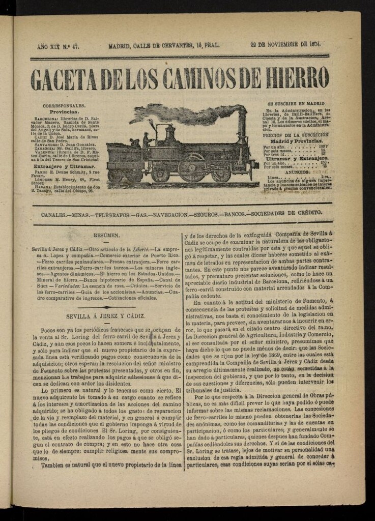 Miniatura de Gaceta de los Caminos de Hierro del 22 de noviembre de 1874, nº 47