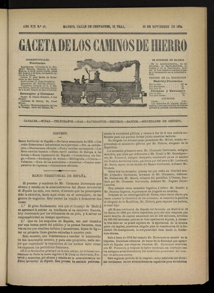 Miniatura de Gaceta de los Caminos de Hierro del 29 de noviembre de 1874, nº 48