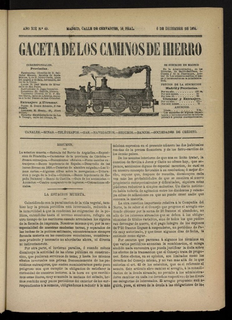 Miniatura de Gaceta de los Caminos de Hierro del 6 de diciembre de 1874, nº 49