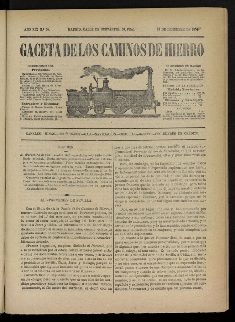 Miniatura de Gaceta de los Caminos de Hierro del 13 de diciembre de 1874, nº 50