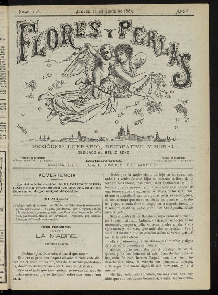 Miniatura de Flores y Perlas: periódico literario, recreativo y moral, dedicado al bello sexo del 21 de junio de 1883, nº 16