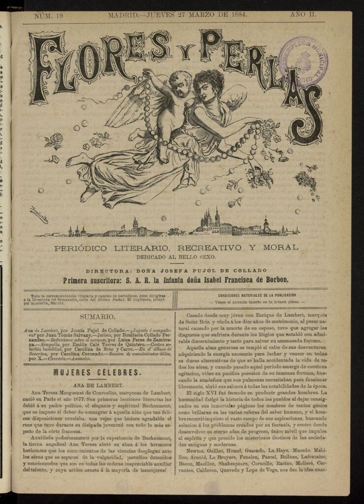 Miniatura de Flores y Perlas: periódico literario, recreativo y moral, dedicado al bello sexo del 27 de marzo de 1884, nº 19