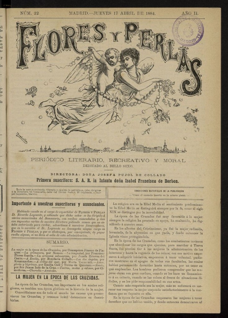 Miniatura de Flores y Perlas: periódico literario, recreativo y moral, dedicado al bello sexo del 17 de abril de 1884, nº 22