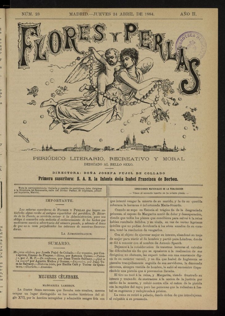 Miniatura de Flores y Perlas: periódico literario, recreativo y moral, dedicado al bello sexo del 24 de abril de 1884, nº 23