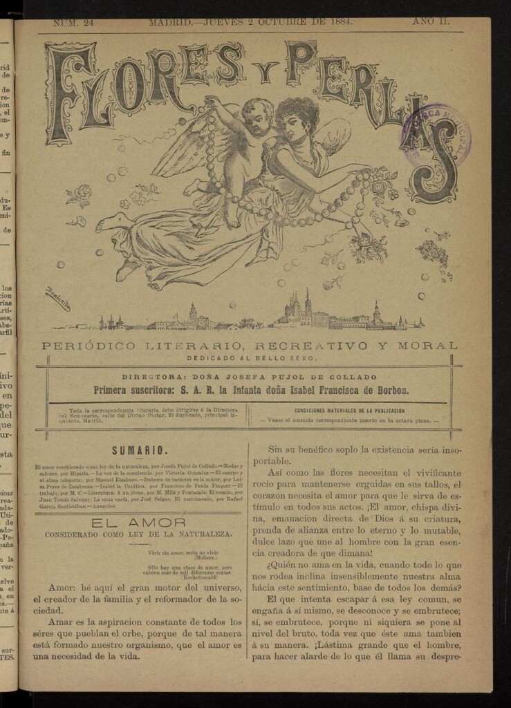 Miniatura de Flores y Perlas: periódico literario, recreativo y moral, dedicado al bello sexo del 2 de octubre de 1884, nº 24