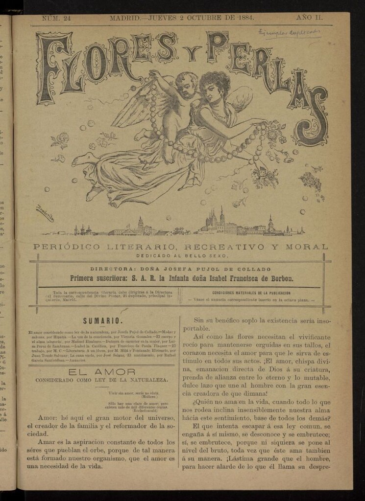 Miniatura de Flores y Perlas: periódico literario, recreativo y moral, dedicado al bello sexo del 2 de octubre de 1884, nº 24
