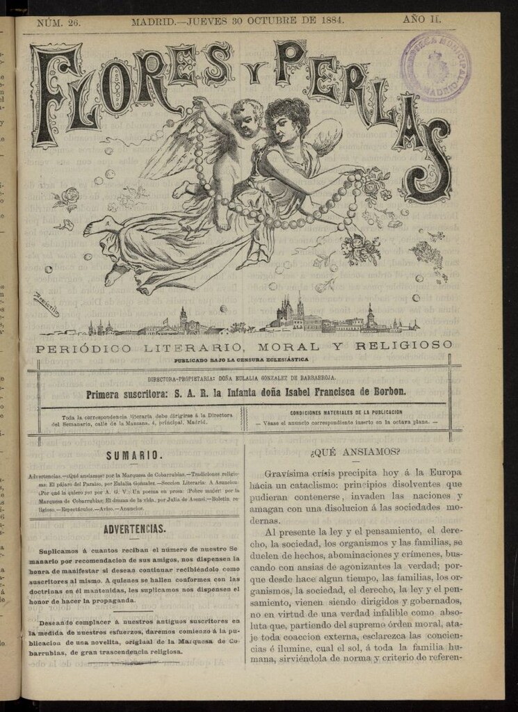 Miniatura de Flores y Perlas: periódico literario, recreativo y moral, dedicado al bello sexo del 30 de octubre de 1884, nº 26