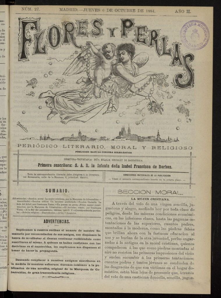 Miniatura de Flores y Perlas: periódico literario, recreativo y moral, dedicado al bello sexo del 6 de octubre de 1884, nº 27