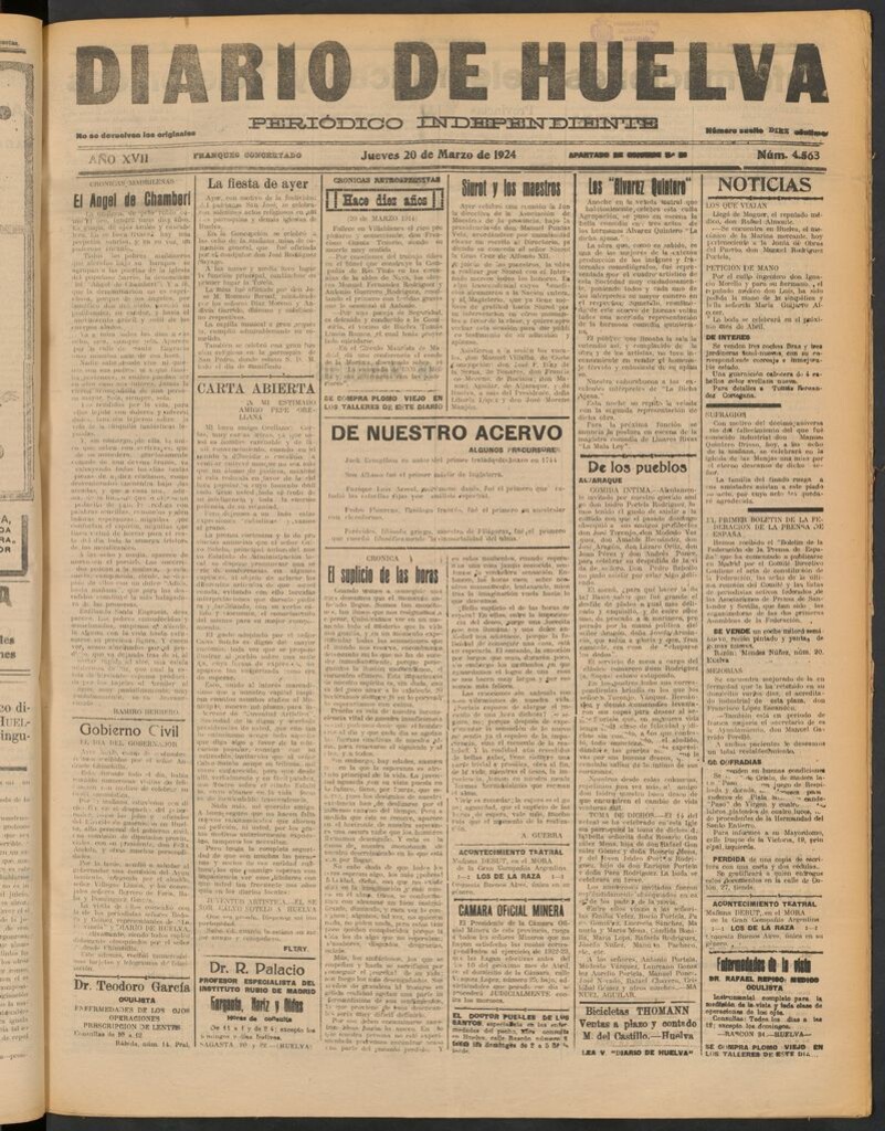 Miniatura de Diario de Huelva : periódico independiente del 20 de marzo de 1924