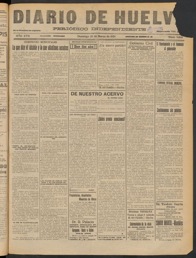Miniatura de Diario de Huelva : periódico independiente del 23 de marzo de 1924