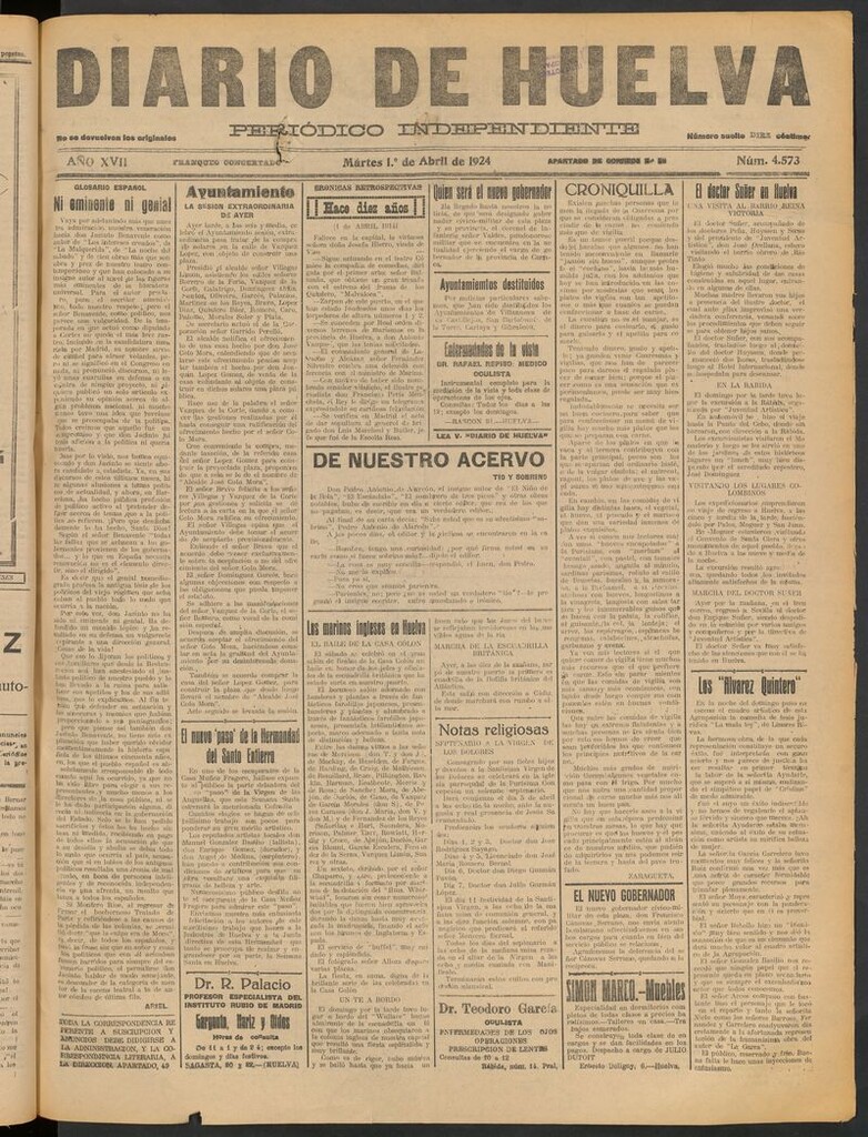 Miniatura de Diario de Huelva : periódico independiente del 1 de abril de 1924