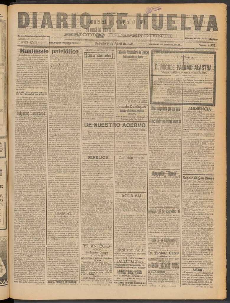 Miniatura de Diario de Huelva : periódico independiente del 5 de abril de 1924