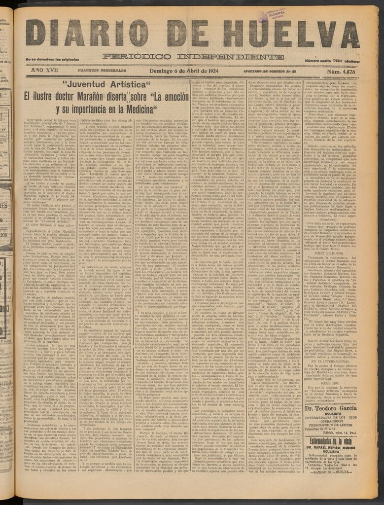 Miniatura de Diario de Huelva : periódico independiente del 6 de abril de 1924