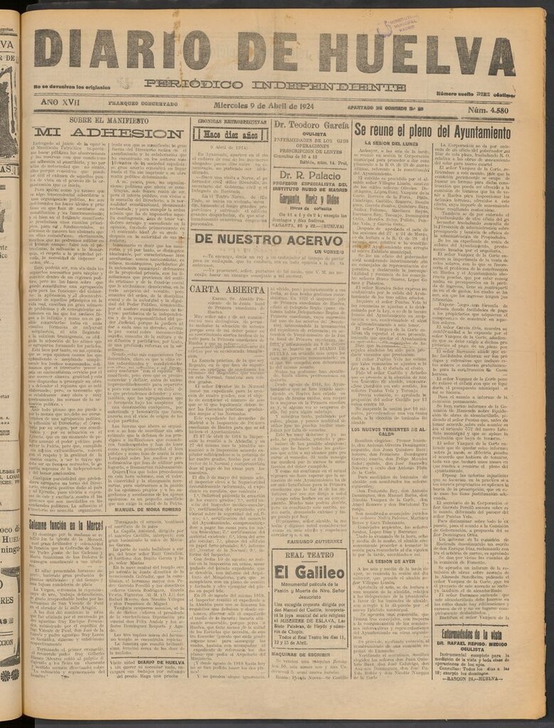 Miniatura de Diario de Huelva : periódico independiente del 9 de abril de 1924