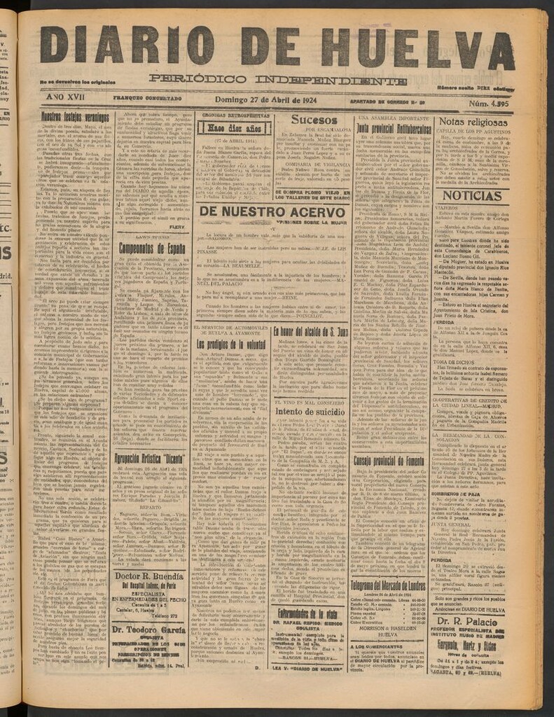 Miniatura de Diario de Huelva : periódico independiente del 27 de abril de 1924