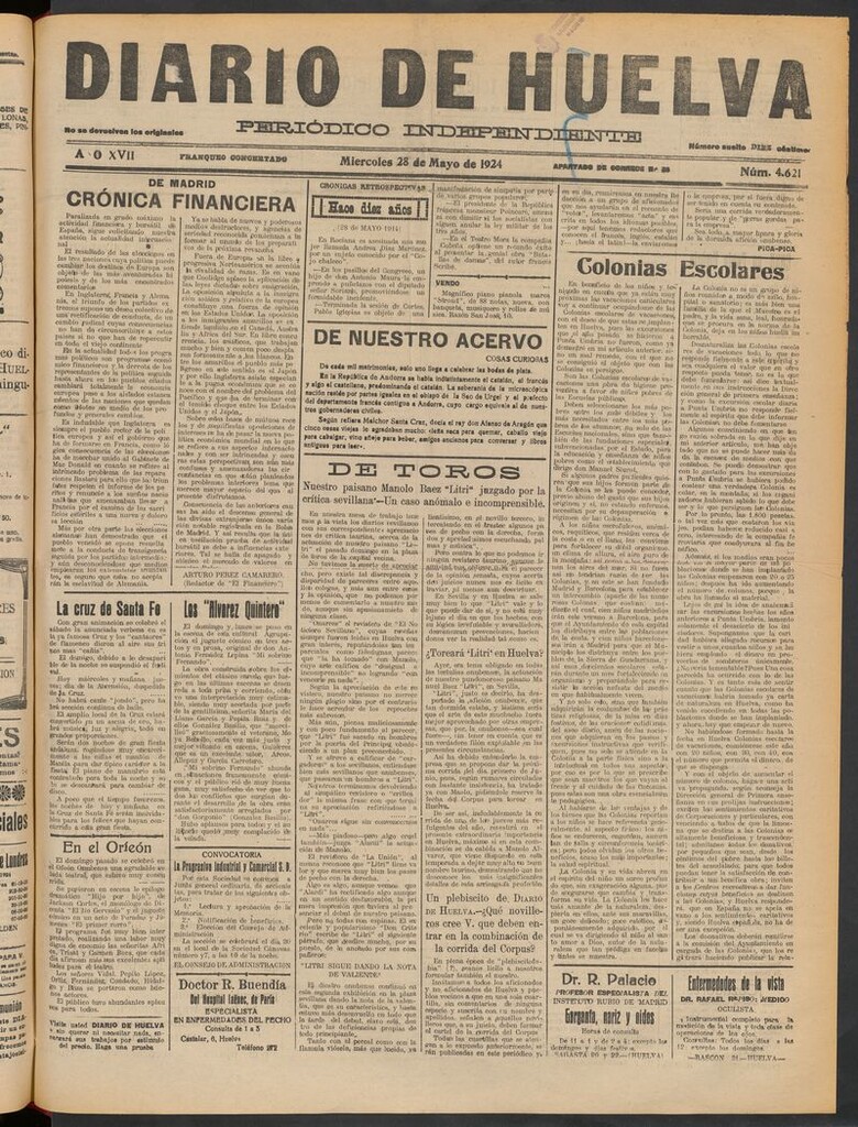 Miniatura de Diario de Huelva : periódico independiente del 28 de mayo de 1924