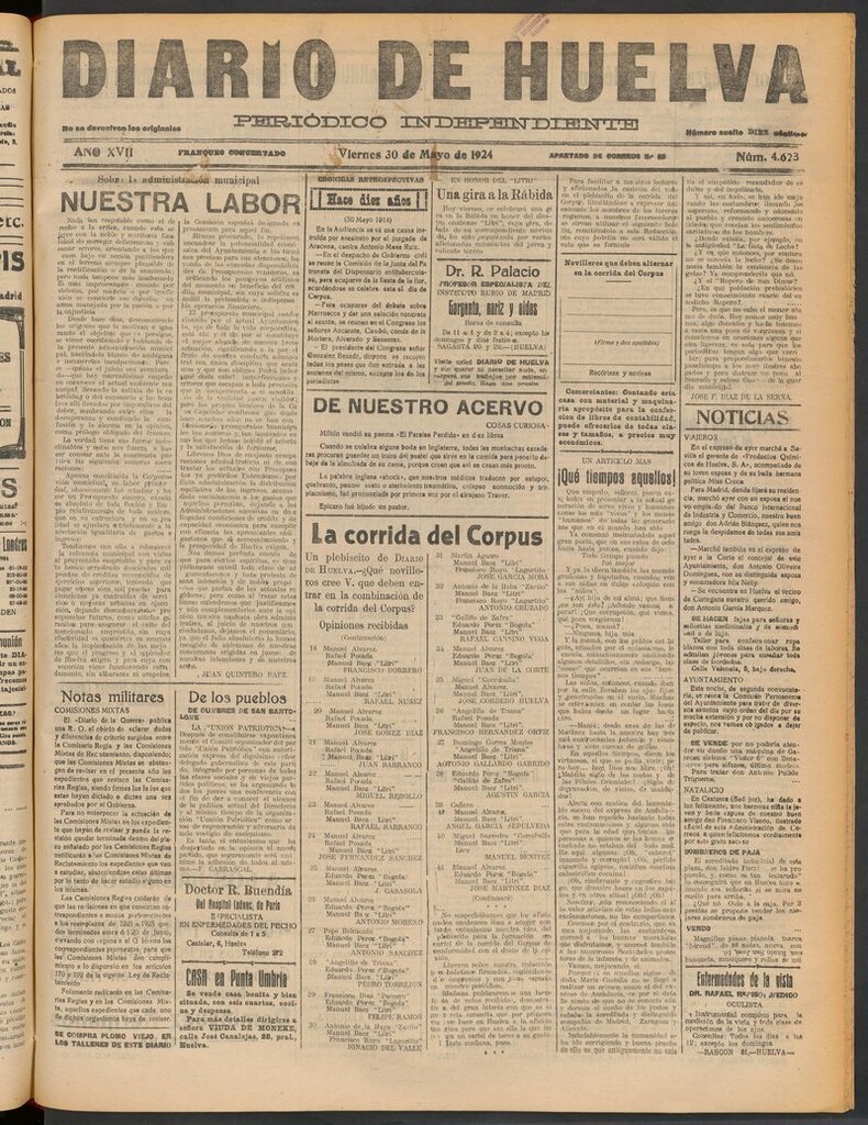 Miniatura de Diario de Huelva : periódico independiente del 30 de mayo de 1924
