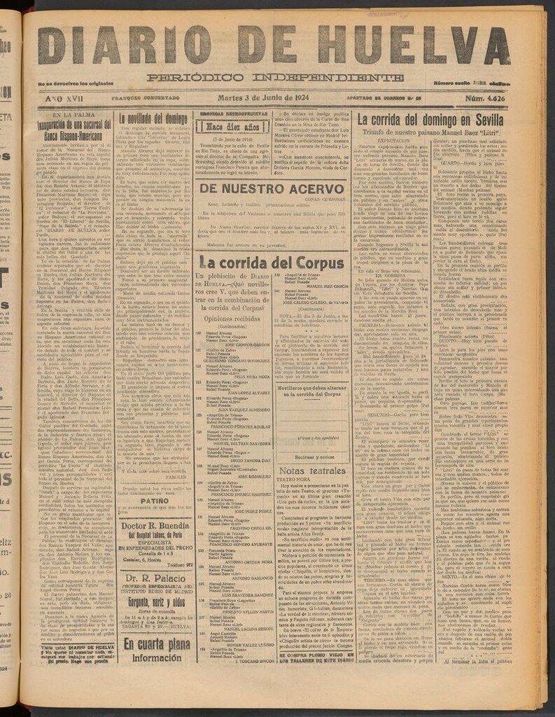 Miniatura de Diario de Huelva : periódico independiente del 3 de junio de 1924