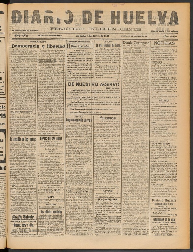 Miniatura de Diario de Huelva : periódico independiente del 7 de junio de 1924