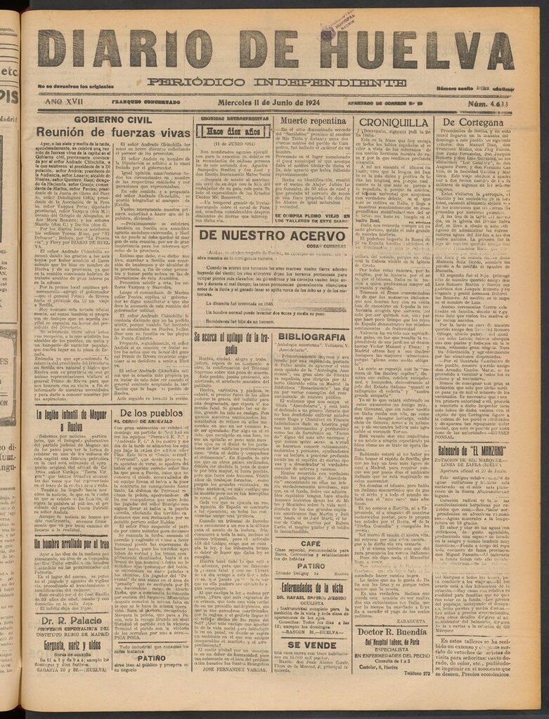 Miniatura de Diario de Huelva : periódico independiente del 11 de junio de 1924