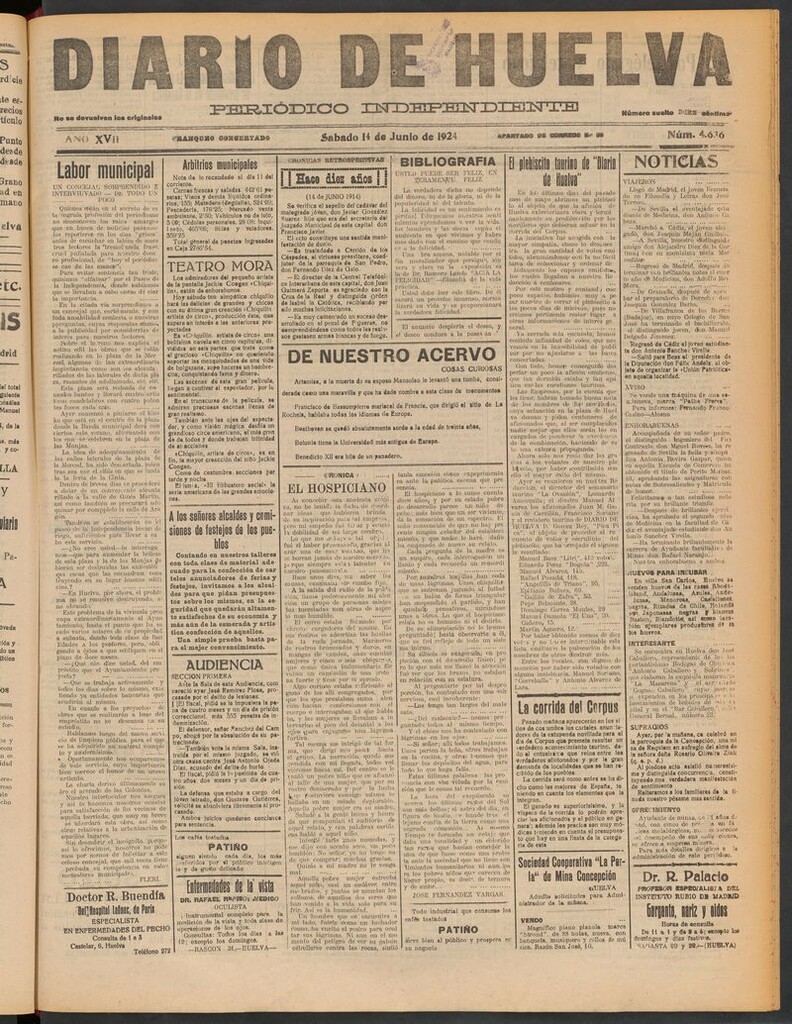Miniatura de Diario de Huelva : periódico independiente del 14 de junio de 1924