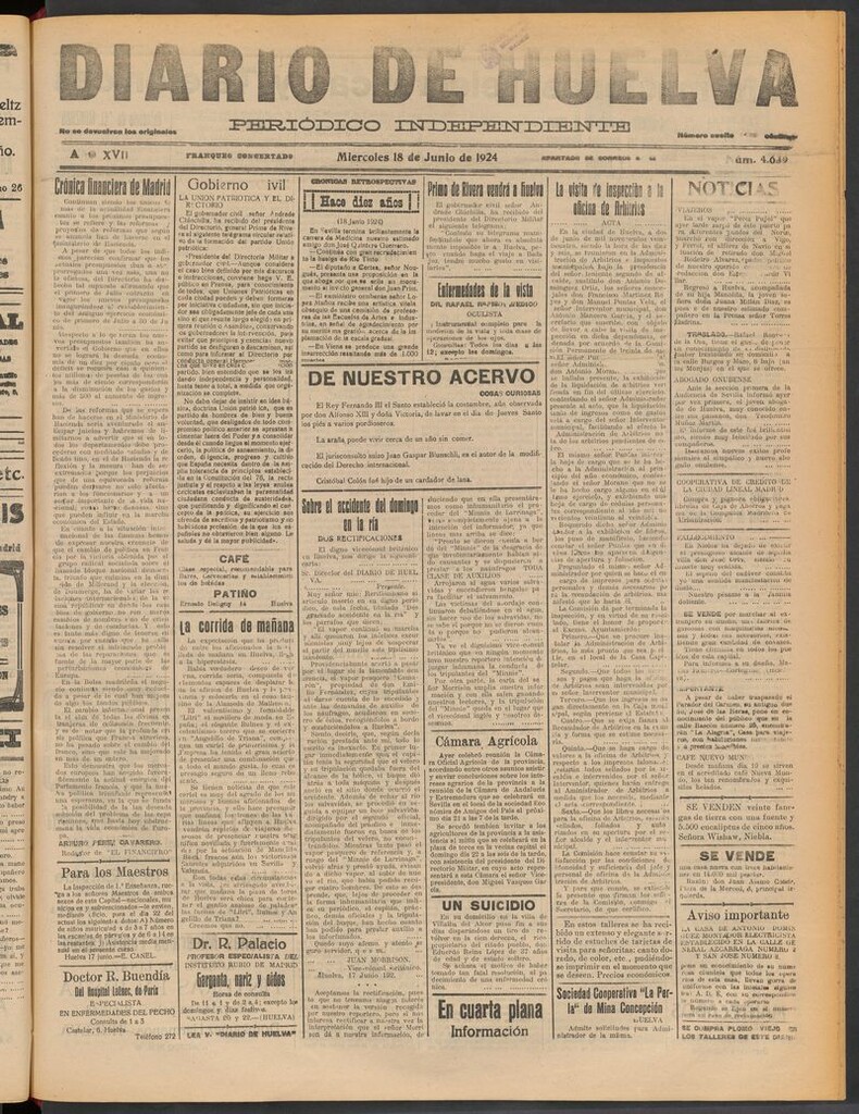 Miniatura de Diario de Huelva : periódico independiente del 18 de junio de 1924