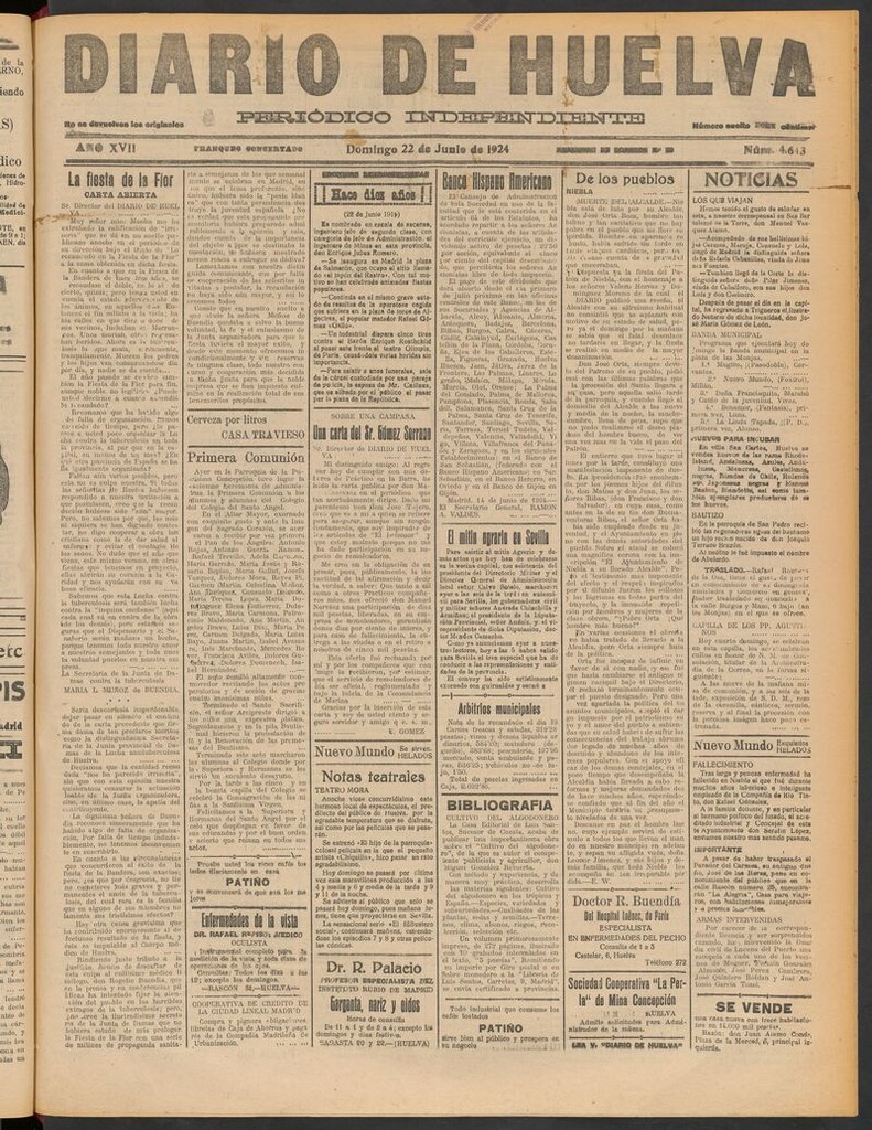 Miniatura de Diario de Huelva : periódico independiente del 22 de junio de 1924