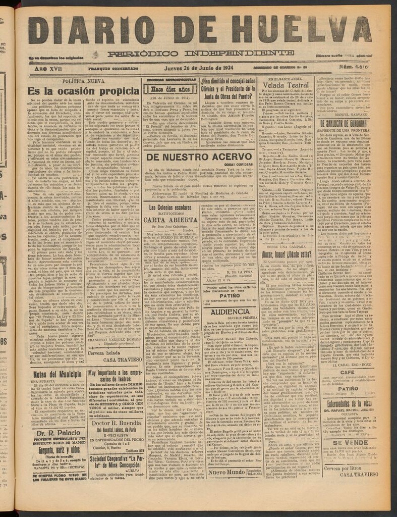 Miniatura de Diario de Huelva : periódico independiente del 26 de junio de 1924