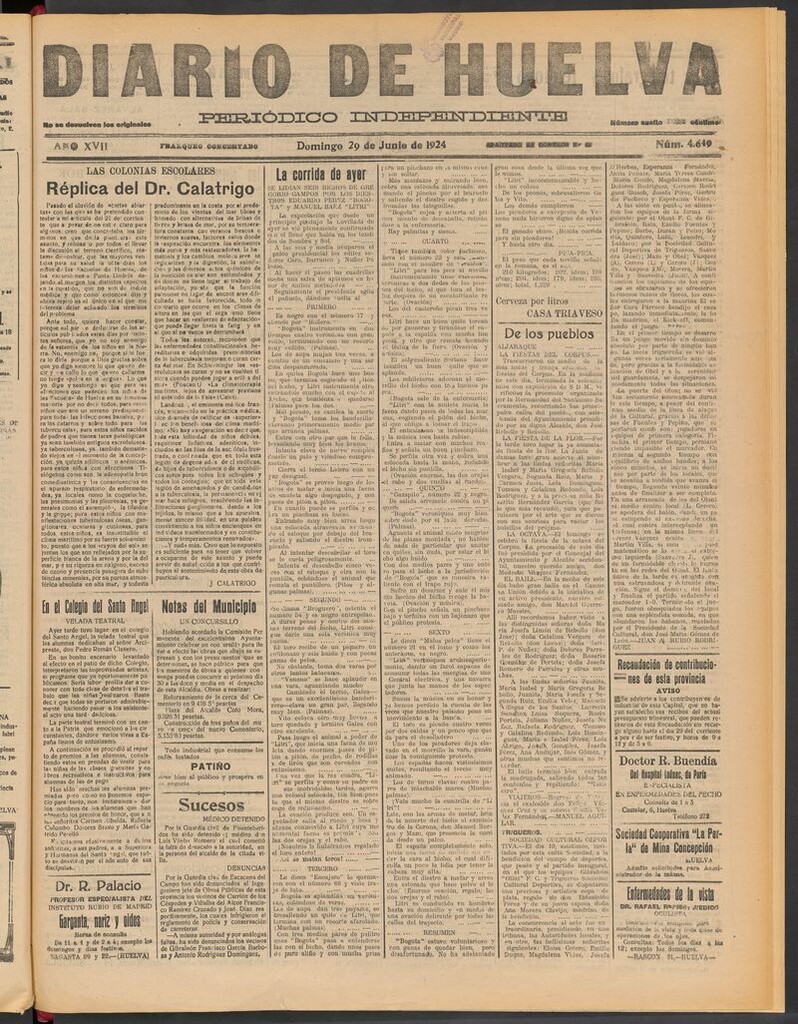 Miniatura de Diario de Huelva : periódico independiente del 29 de junio de 1924