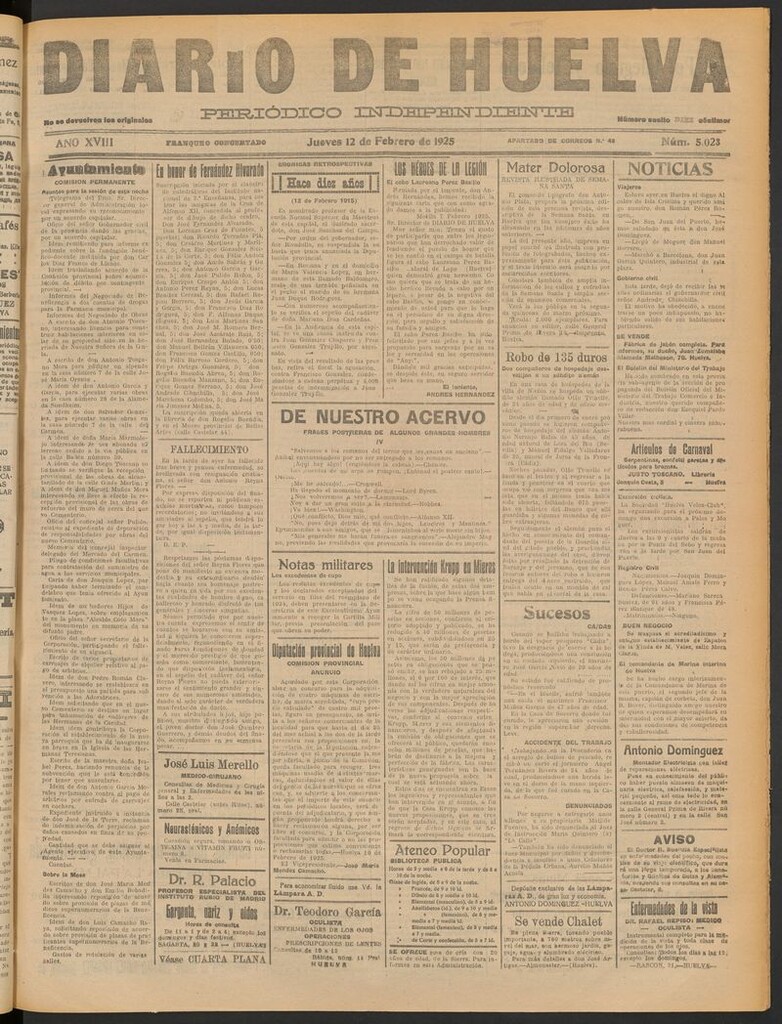 Miniatura de Diario de Huelva : periódico independiente del 12 de febrero de 1925