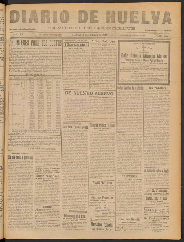 Miniatura de Diario de Huelva : periódico independiente del 13 de febrero de 1925