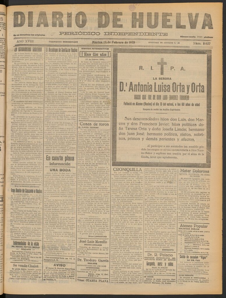 Miniatura de Diario de Huelva : periódico independiente del 17 de febrero de 1925