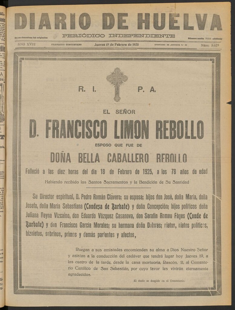 Miniatura de Diario de Huelva : periódico independiente del 19 de febrero de 1925