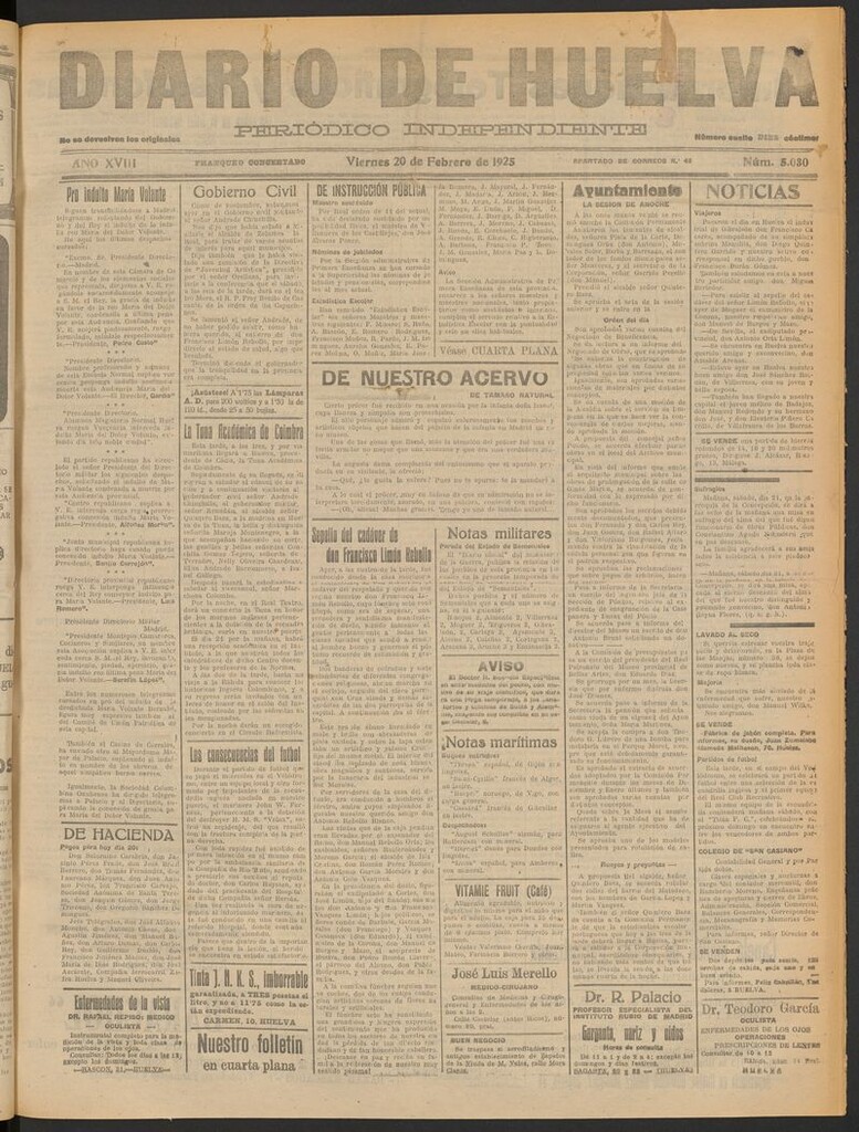 Miniatura de Diario de Huelva : periódico independiente del 20 de febrero de 1925