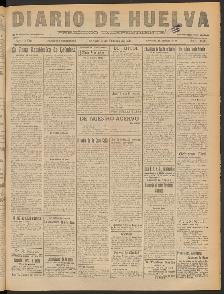 Miniatura de Diario de Huelva : periódico independiente del 21 de febrero de 1925