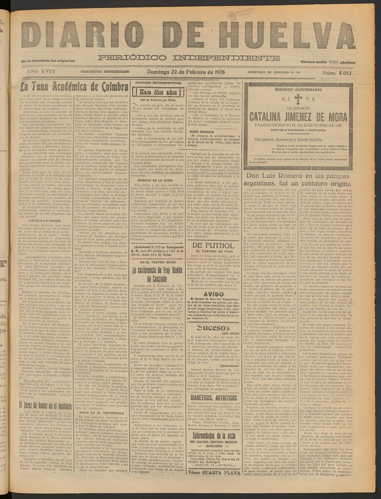 Miniatura de Diario de Huelva : periódico independiente del 22 de febrero de 1925