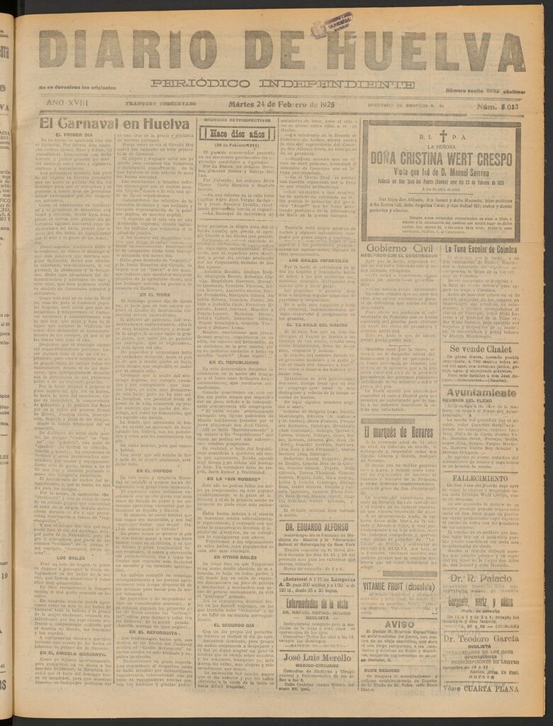 Miniatura de Diario de Huelva : periódico independiente del 24 de febrero de 1925