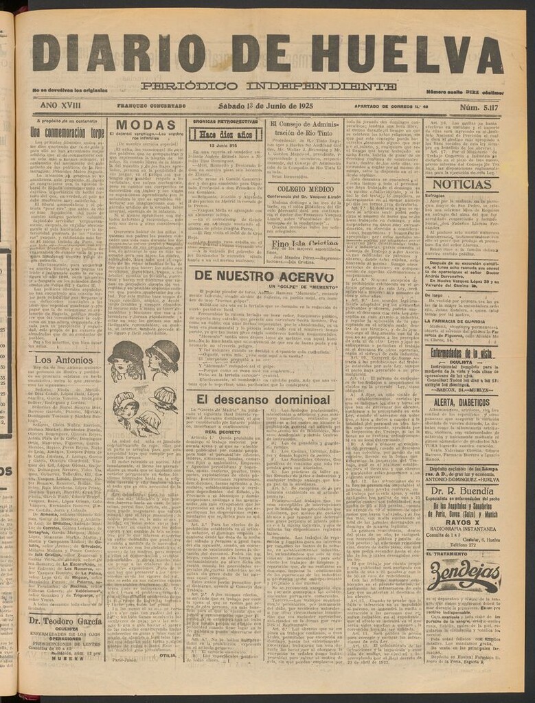 Miniatura de Diario de Huelva : periódico independiente del 13 de junio de 1925