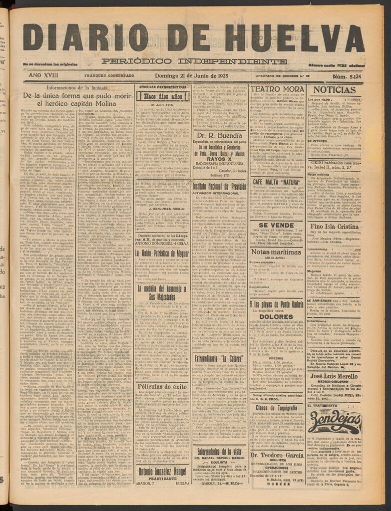 Miniatura de Diario de Huelva : periódico independiente del 21 de junio de 1925