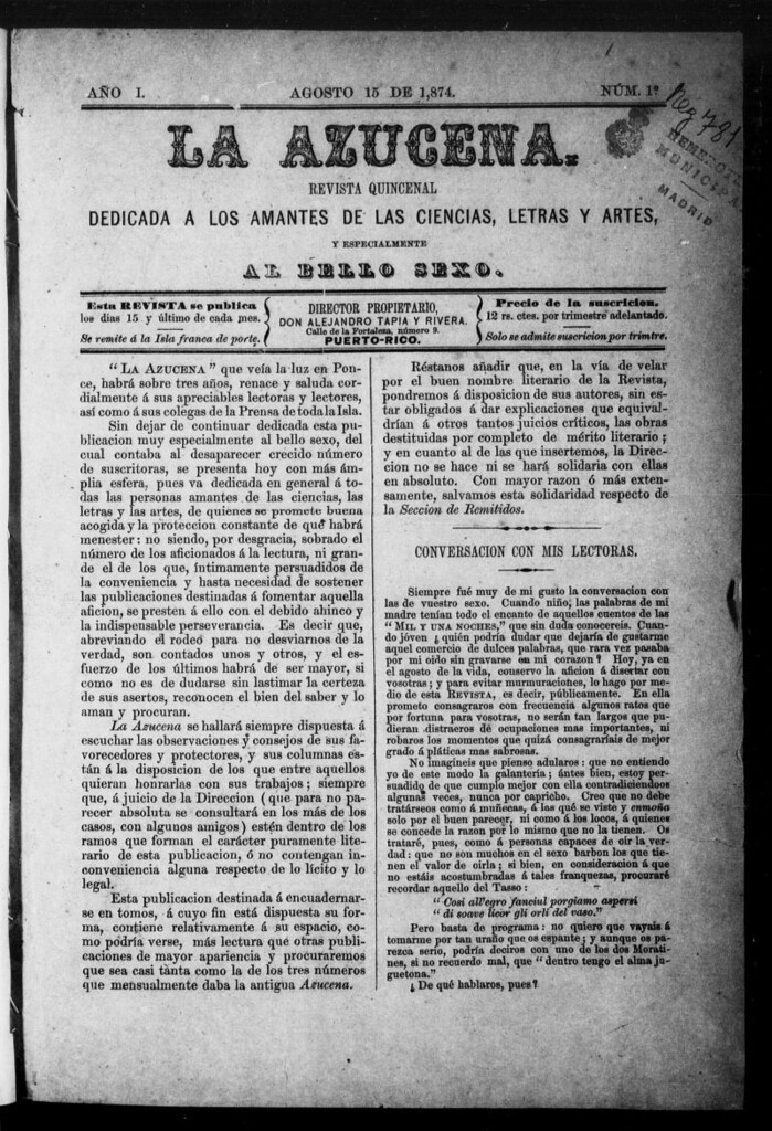 Miniatura de La Azucena: revista quincenal dedicada a los amantes de las ciencias, letras y artes, y especialmente al bello sexo