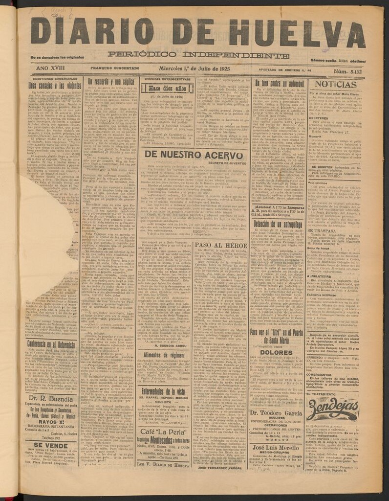 Miniatura de Diario de Huelva : periódico independiente del 1 de julio de 1925