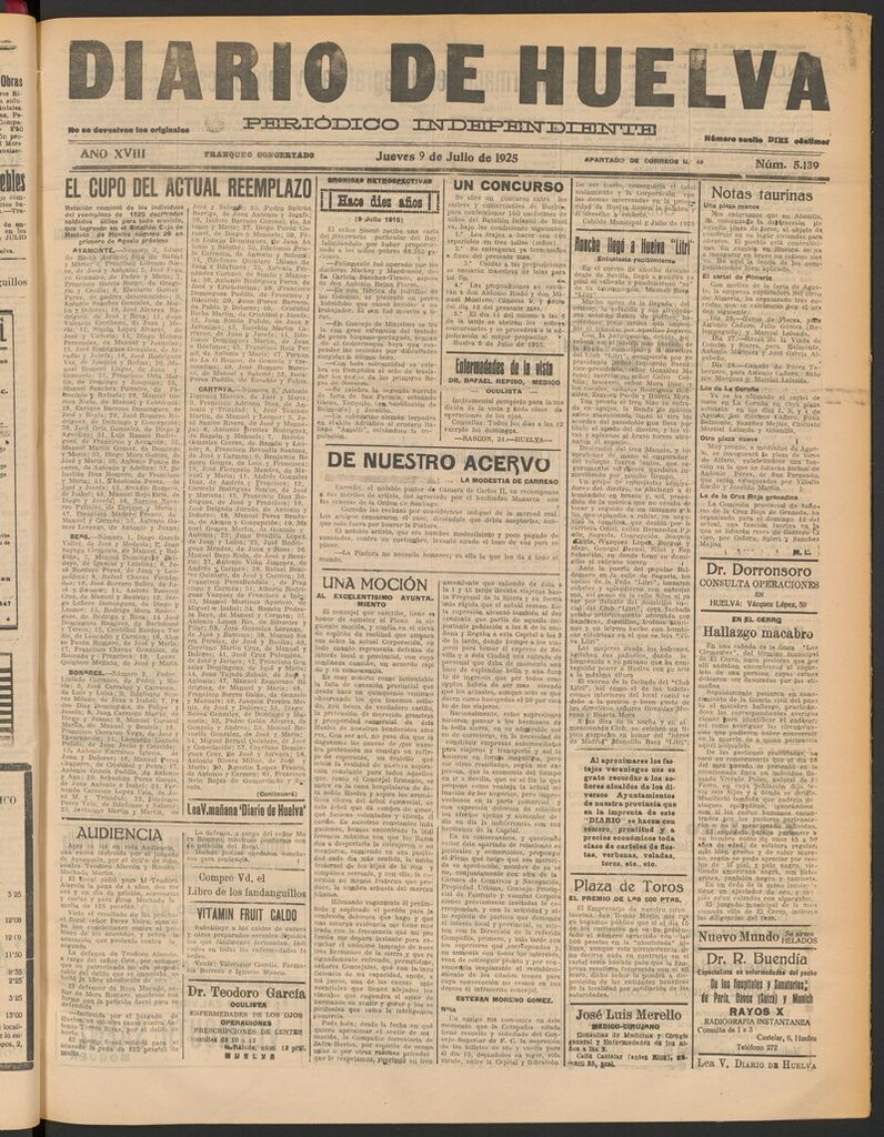 Miniatura de Diario de Huelva : periódico independiente del 9 de julio de 1925